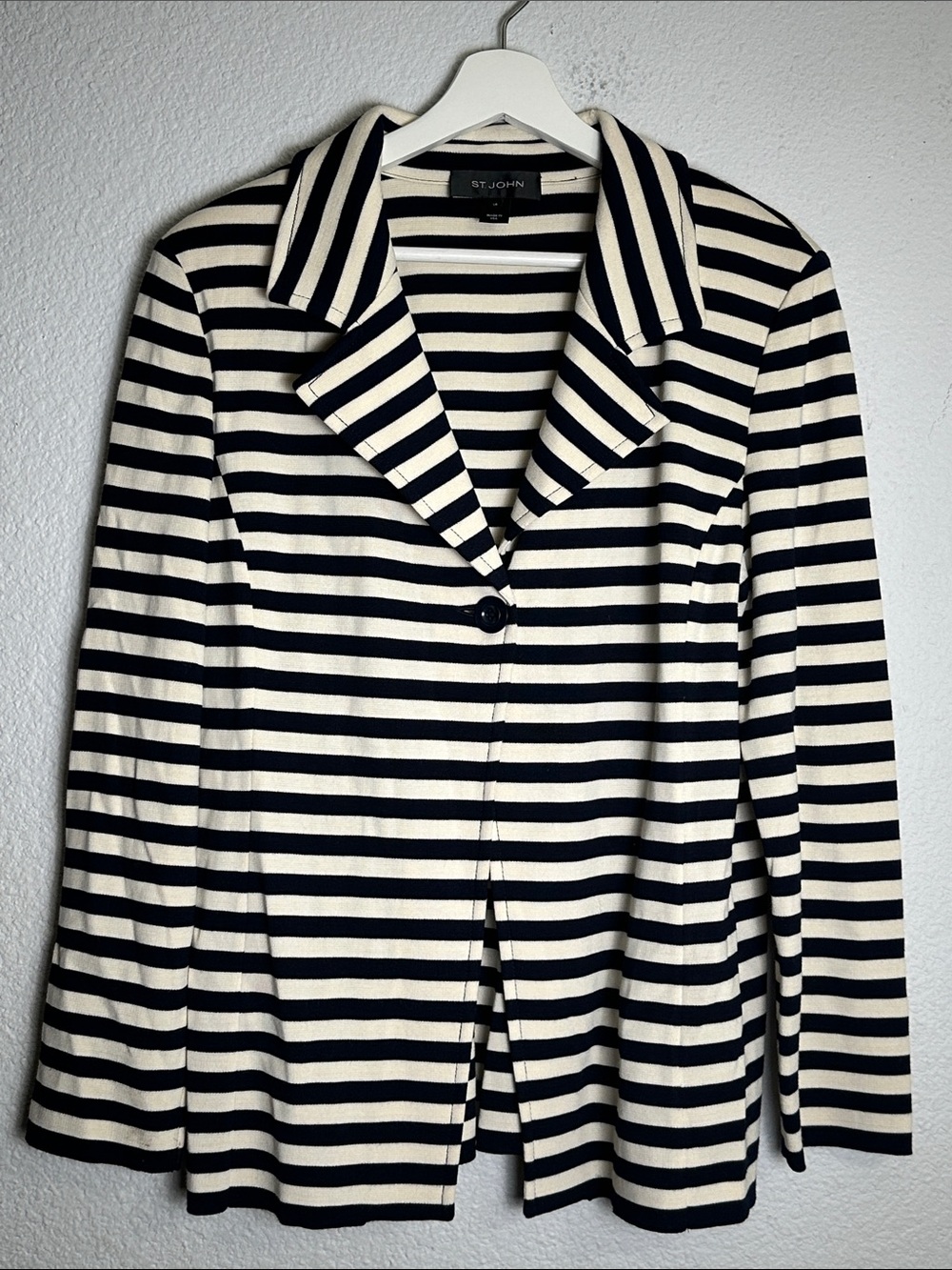 St John Wool Blend Striped Blazer Navy Cream Womens 14 FLAWED